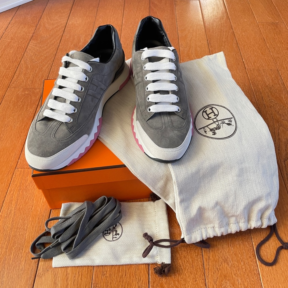HERMES Velvet Goatskin/Calfskin Women Trail Sneakers-Sz 37 Gris Tenorite/Blanc